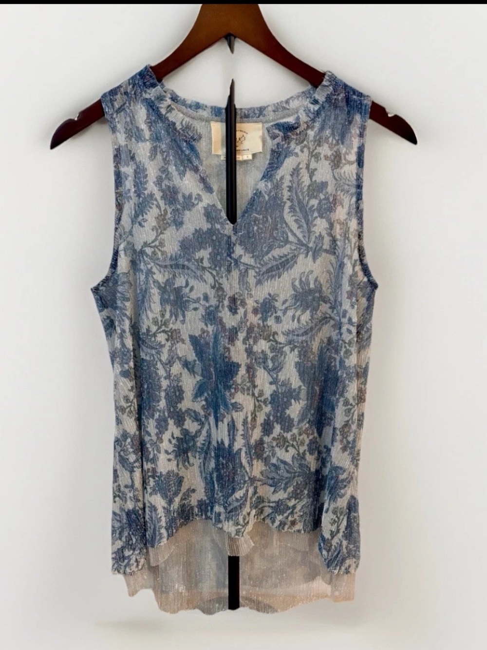 Anthropologie Vanessa Virginia Metallic Floral Tank Top Blue Sheer Small S